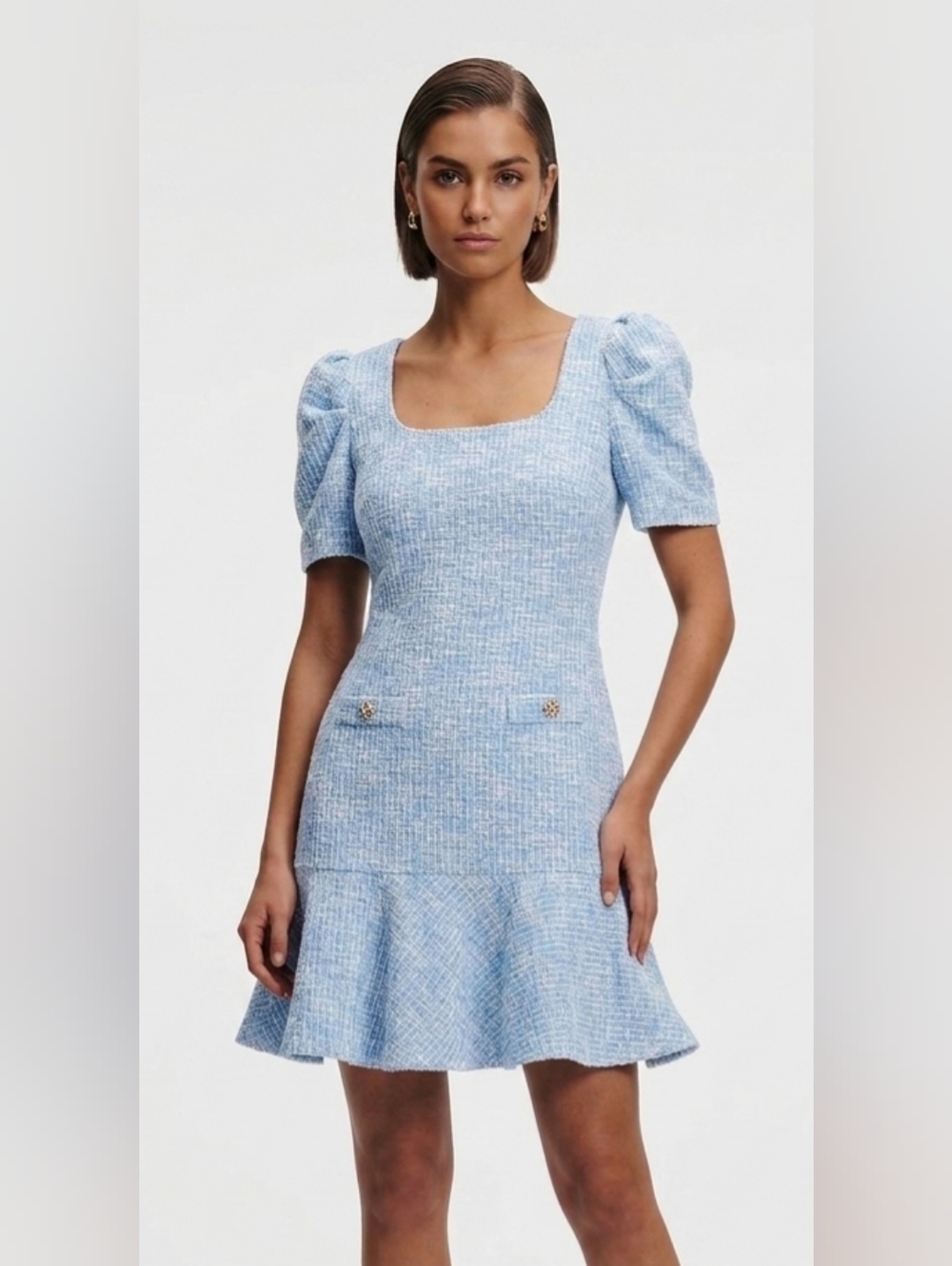 Karl Lagerfeld Paris Knit Tweed Puff Sleeve Flounce Hem Dress Size 10 Like New